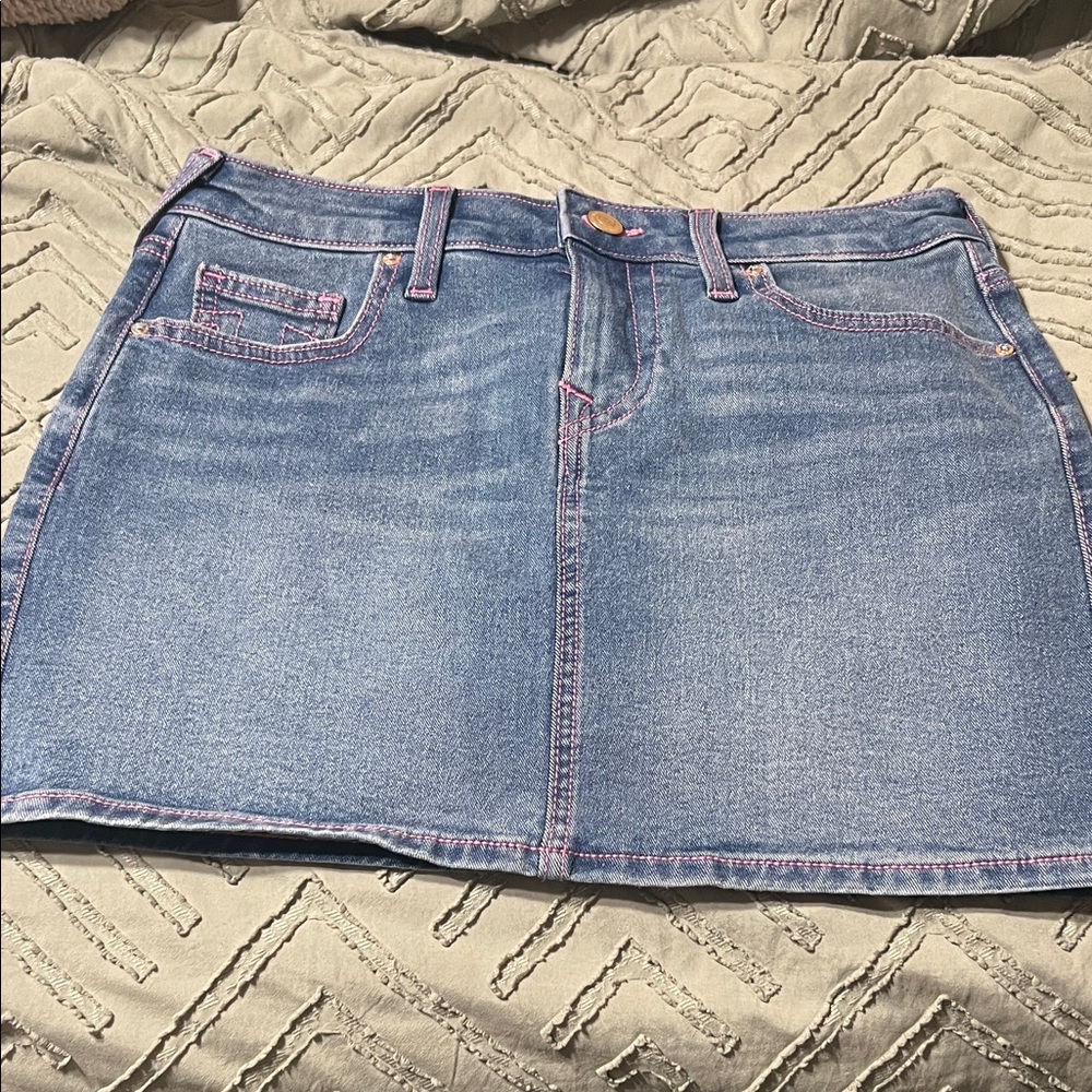 True Religion Blue Denim Mini Skirt with Pink Stitching/ New without tags